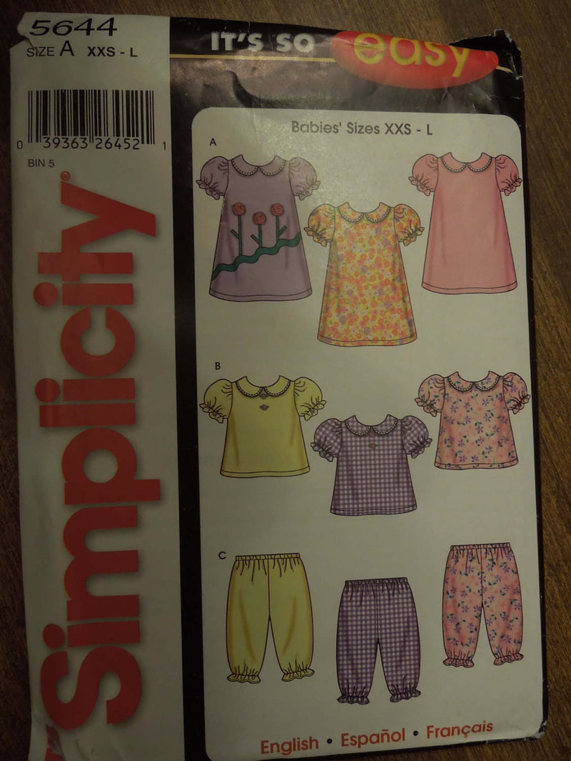 Simplicity 5644,  Babies, Dresses, Tops, Pants, UNCUT sewing pattern,