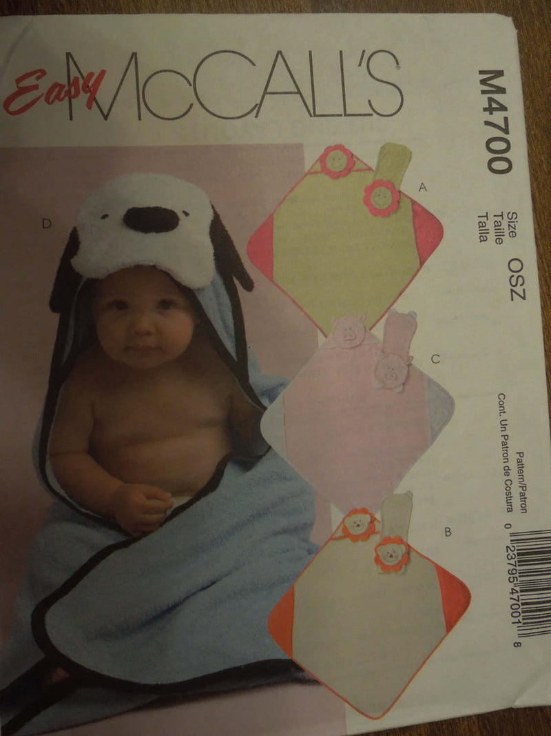 McCalls M4700, infants, hooded towels and burp pads,  UNCUT sewing pattern,
