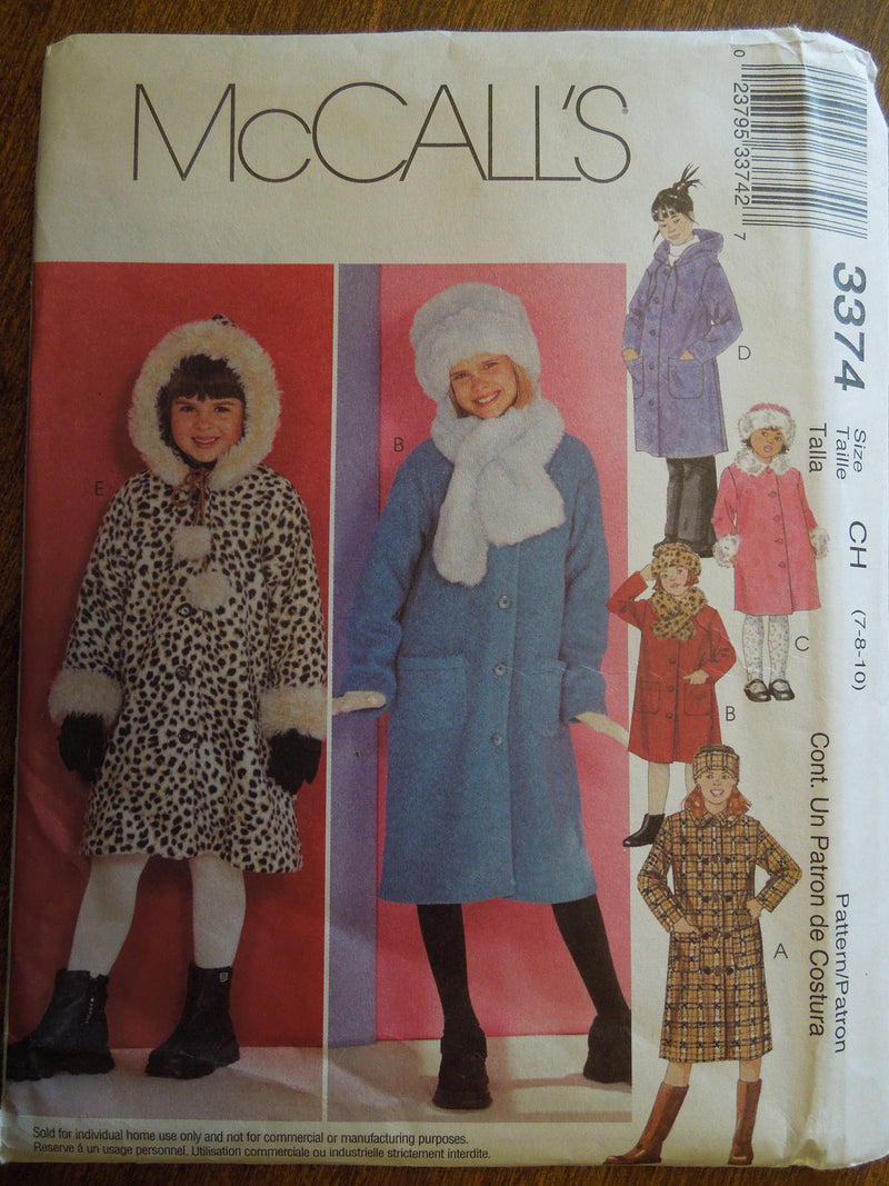 McCalls 3374, Girls Coats, Hats, Sz Varies, UNCUT sewing pattern