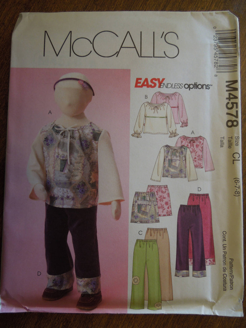 McCalls M4578, Girls, Tops, Pants, Skirts, Sizes 6-8, UNCUT sewing pattern,