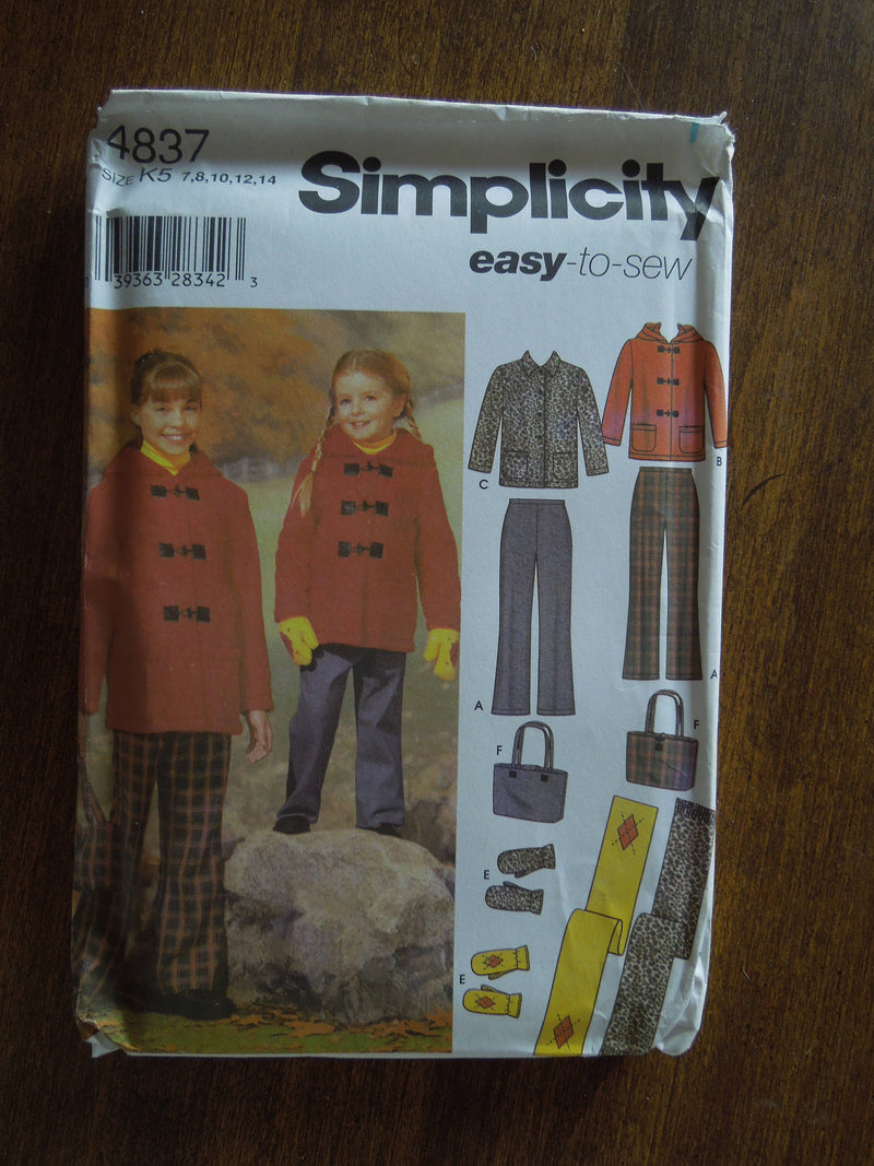 Simplicity 4837, Girls, Pants, Jackets, Accessories, Sizes 7-14, UNCUT sewing pattern,