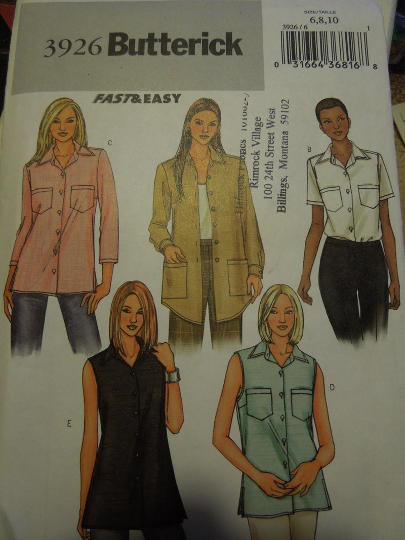 Butterick 3926, Misses, Tops, Petite, Sizes 6 to 10, UNCUT sewing pattern,