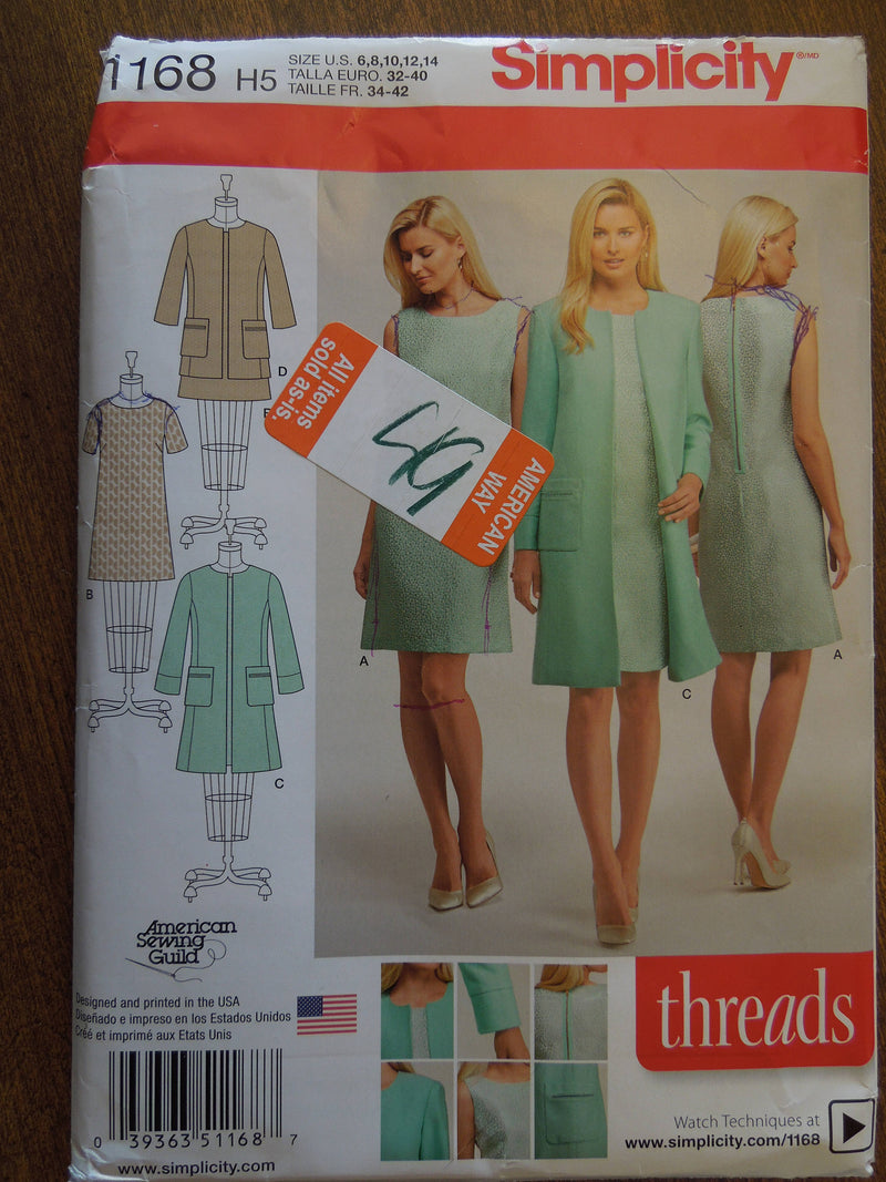 Simplicity 1168, Misses, Dresses, Coats, Sizes 6-14, Petite, UNCUT sewing pattern,