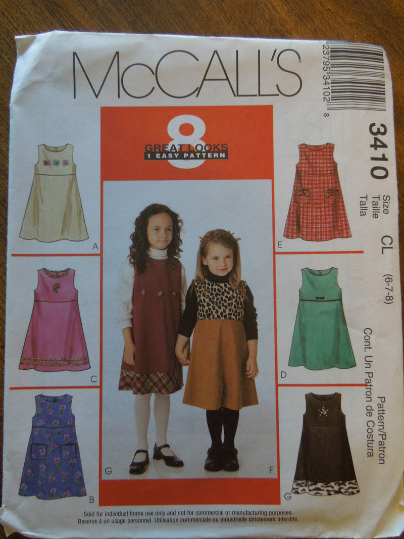 McCalls 3410, Girls Jumpers, Dresses, UNCUT sewing pattern,