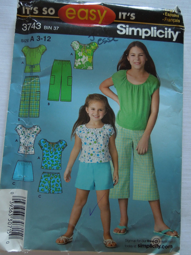 Simplicity 3743, Girls, Shorts, Pants, Tops,  Sizes 3-12, UNCUT sewing pattern,