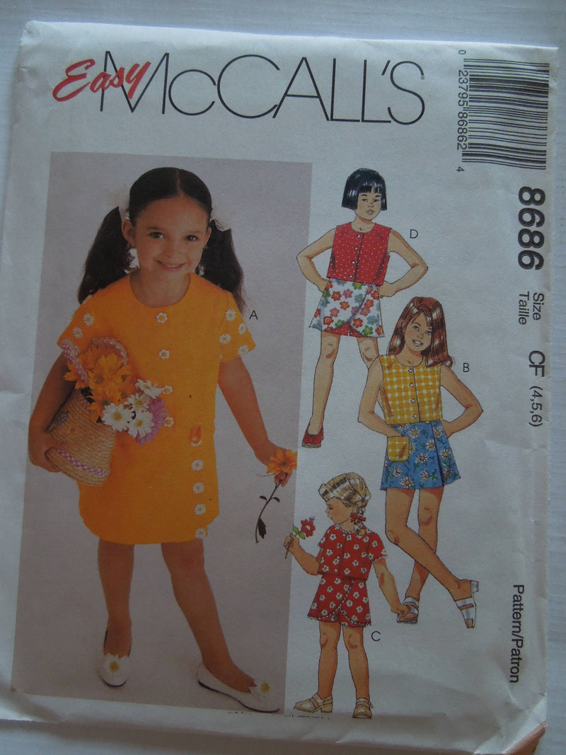 McCalls 8686, Girls, Tops, Shorts, Skorts, UNCUT sewing pattern,