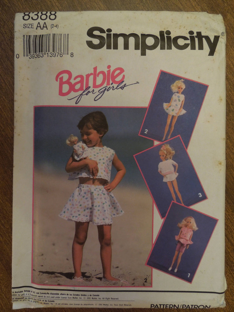 Simplicity 8388,  Girls, Shorts, Skirts, Tops, Barbie doll clothing, UNCUT sewing pattern,