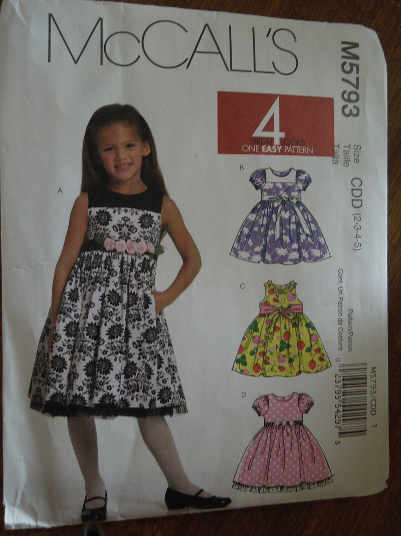 McCalls M5793, Girls, Dresses, Lined,  Sizes Varies, UNCUT Sewing Pattern,