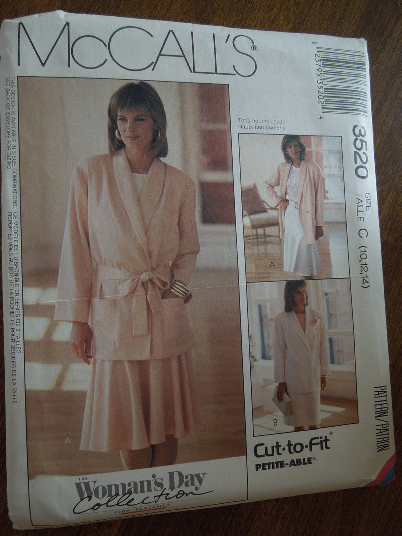 McCalls 3520, Misses Jackets and Skirts, Petite, Sz Varies, UNCUT sewing pattern