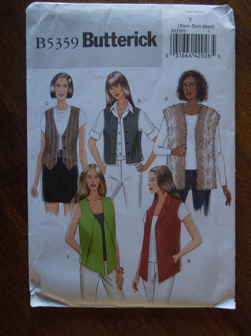 Butterick B5359,  Misses, Vests, Sz Varies, UNCUT sewing pattern,