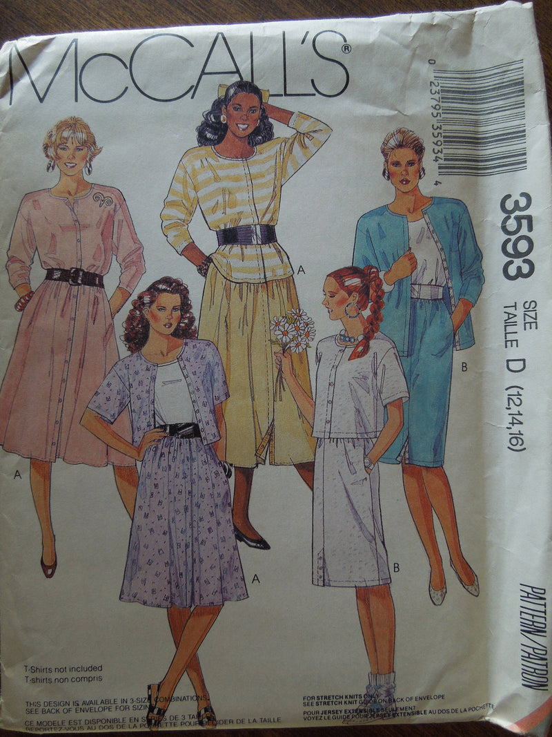 McCalls 3593, Misses Tops and Skirts, Stretch Knits UNCUT sewing pattern,