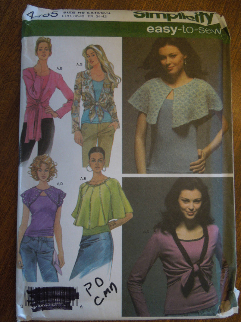 Simplicity 4485,  Misses Caplet, Tops, UNCUT sewing pattern, Sale