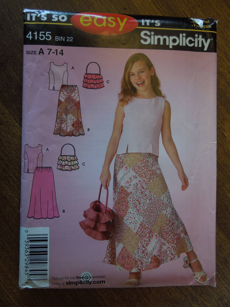 Simplicity 4155,  Girls, Tops, Skirts, Bags, UNCUT sewing pattern,