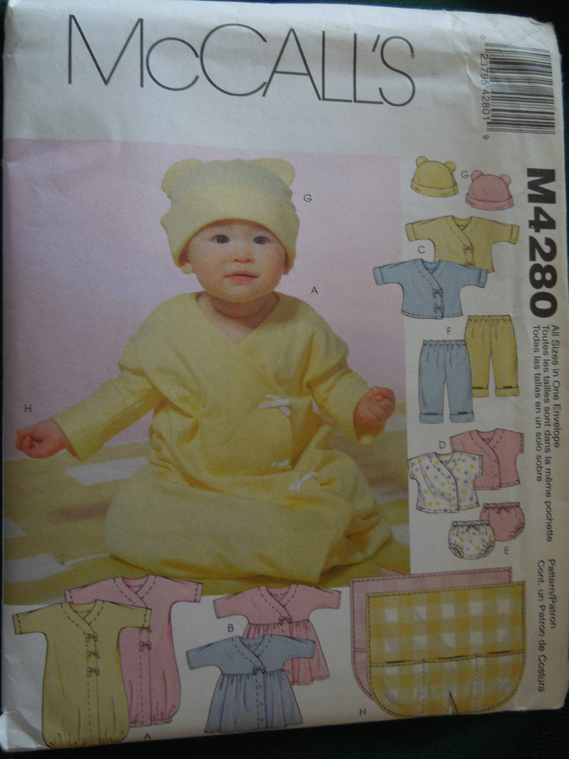 McCalls M4280, infants layette, stretch knits, UNCUT sewing pattern, small to x-large