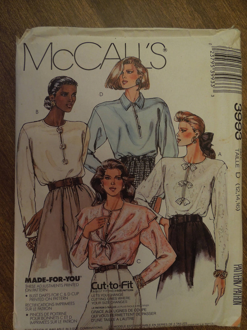 McCalls 3993, Misses, Blouses, Sizes 12-16, UNCUT sewing pattern,