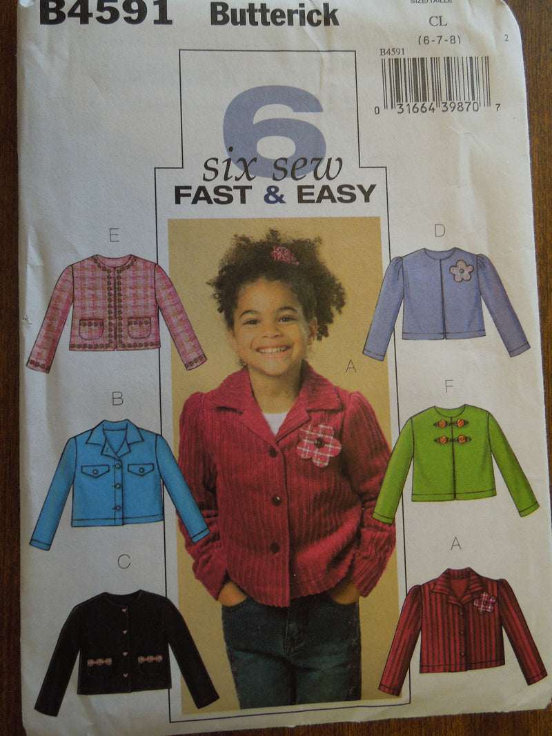 Butterick B4591, sizes 6-8, girls, children's unlined jacket, UNCUT sewing pattern,
