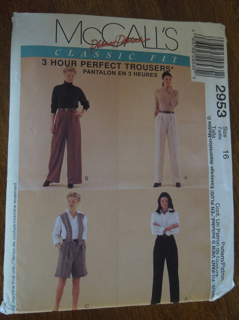 McCalls 2953, size 16, pants, shorts, fitting shell, misses, womens, UNCUT sewing pattern