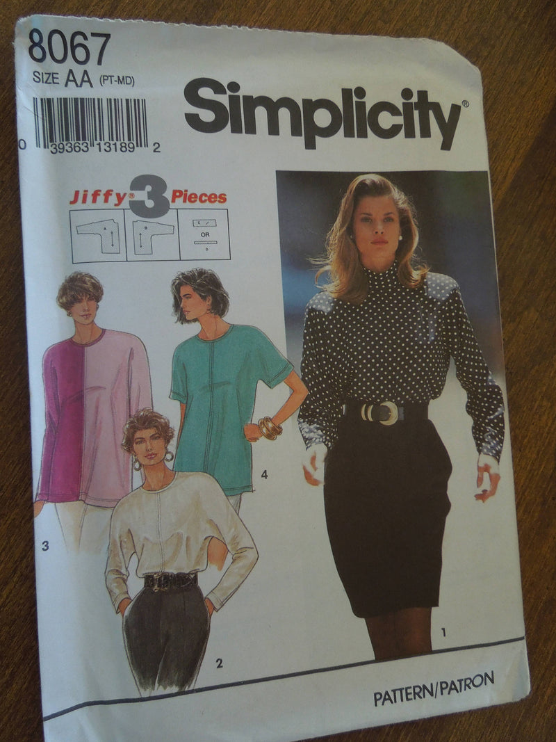 Simplicity 8067, pullover tops, misses,  UNCUT sewing pattern,