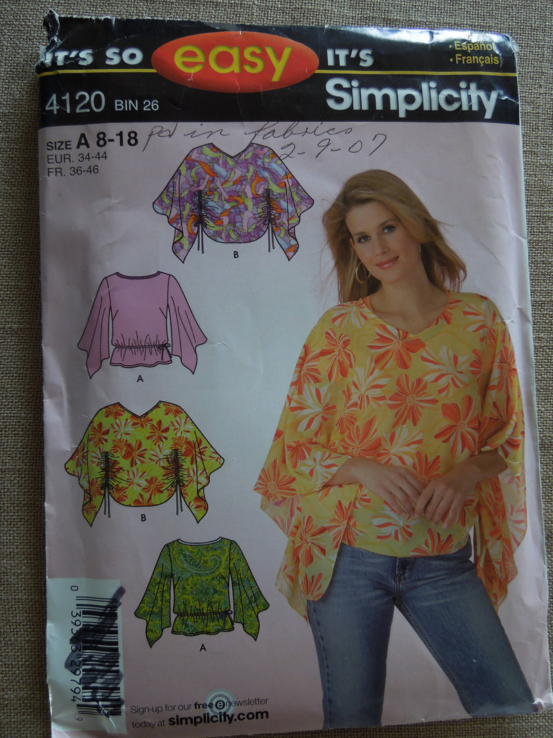 Simplicity 4120,  Misses Tops, Ponchos, UNCUT sewing pattern,