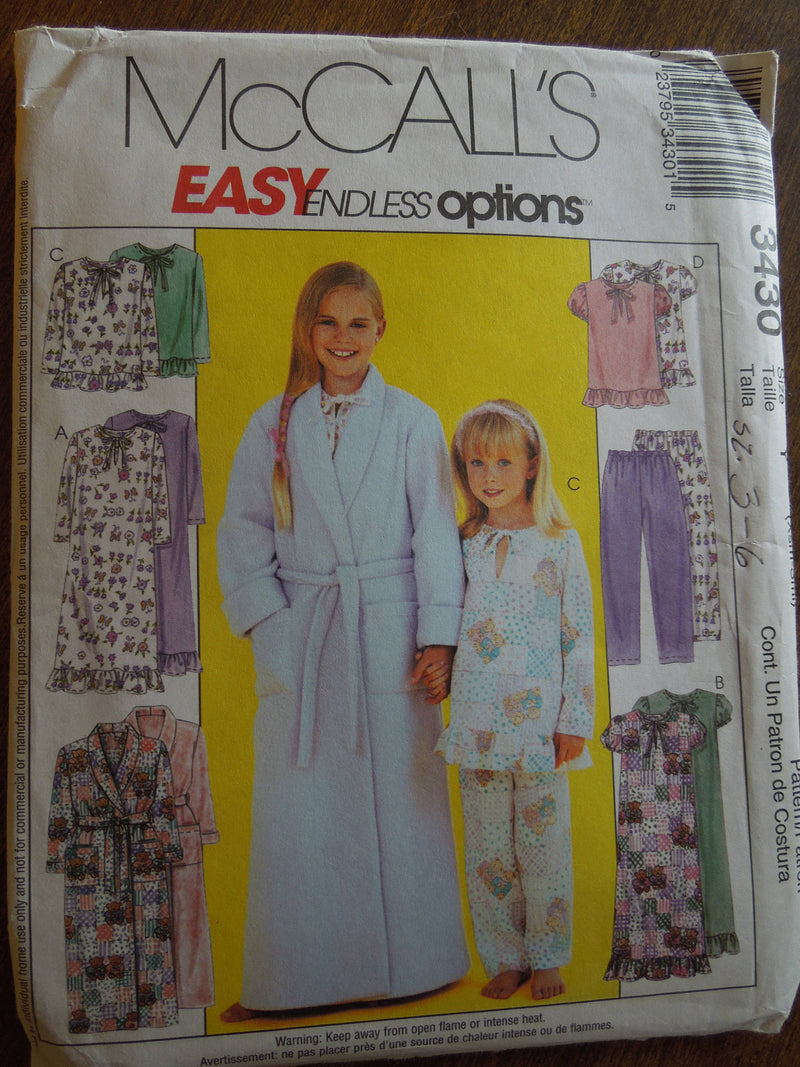 McCalls 3430, Girls Sleepwear, Robes, UNCUT sewing pattern,