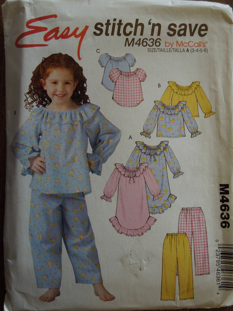 McCalls Stitch n save M4636, Childrens, Sleepwear, Sizes 3-6,  UNCUT sewing pattern,