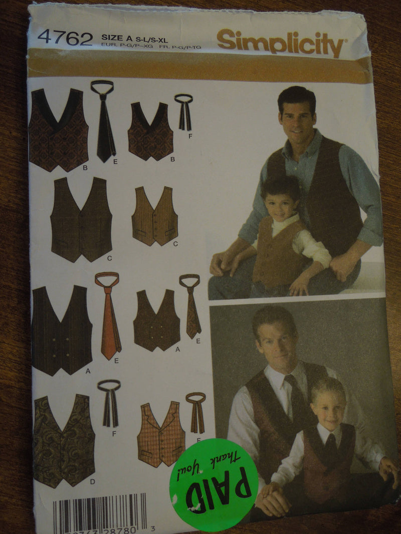 Simplicity 4762, Mens, Boys, Vests, Lined, and Neckties, UNCUT sewing pattern,