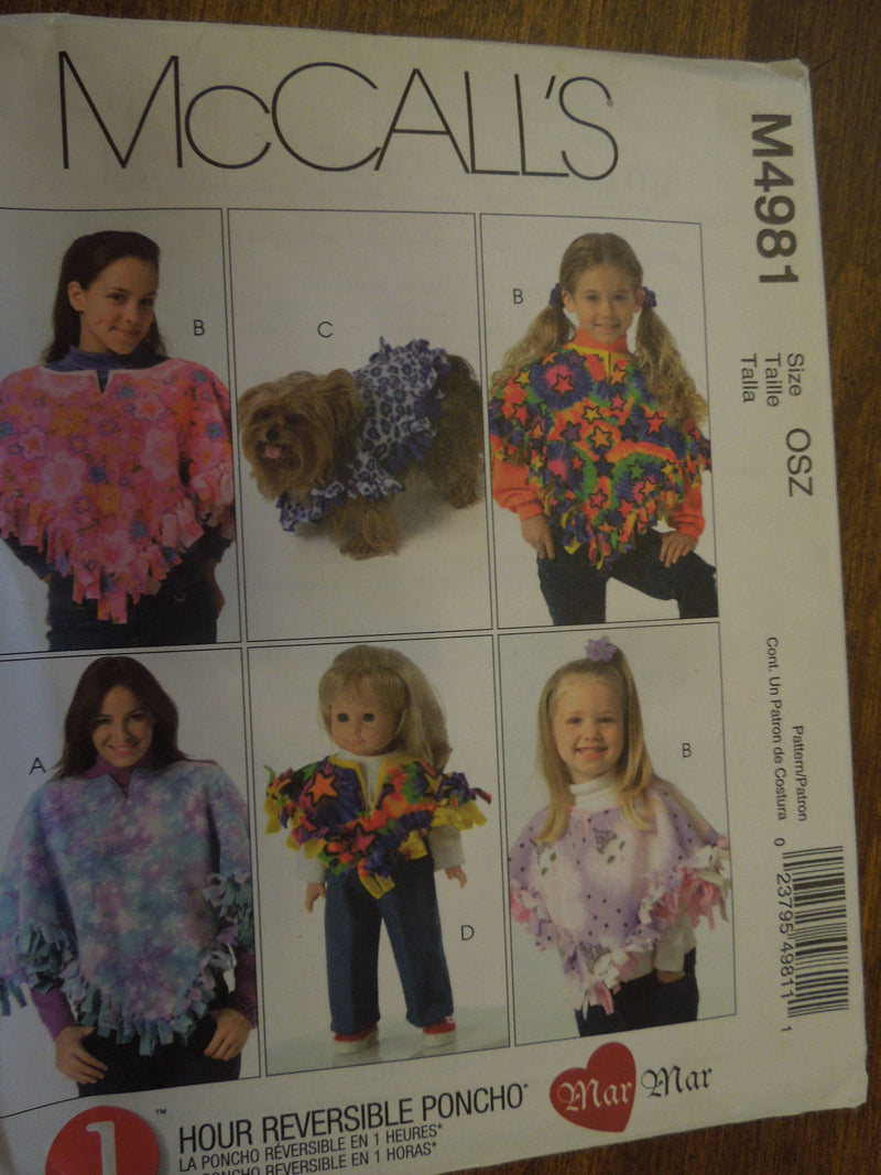 McCalls M4981,Reversible poncho, childrens, dolls, Crafts, dogs,  UNCUT sewing pattern,