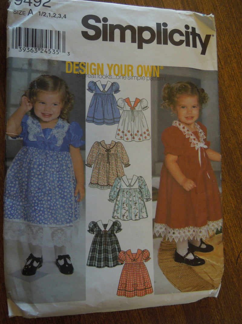 Simplicity 9492, Girls Dresses, Sizes 1/2 to 4, UNCUT sewing patterns,