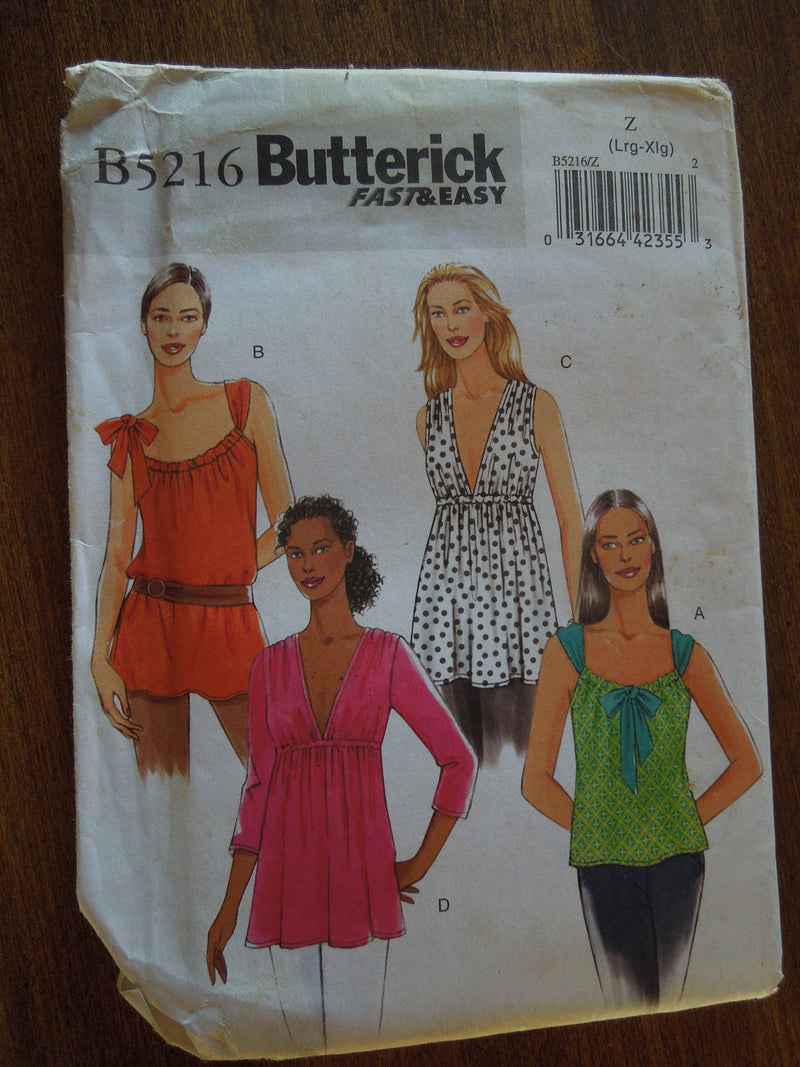 Butterick B5216, Misses, Tops, Sizes vary,  UNCUT sewing pattern,