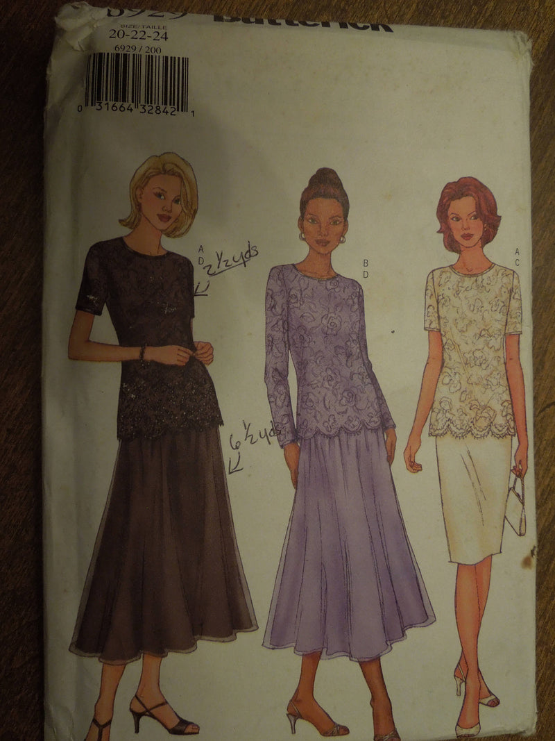 Butterick 6929,  Misses, Tops, Skirts, Evening Wear, Petite, UNCUT sewing pattern,