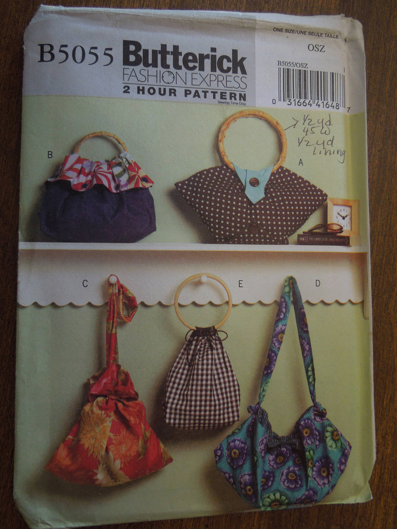Butterick B5055, handbags, purses, accessories, UNCUT sewing pattern,