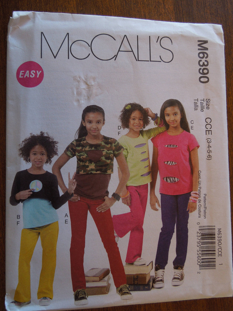 McCalls M6390, stretch knits, childrens, tops and pants, UNCUT sewing pattern, childrens
