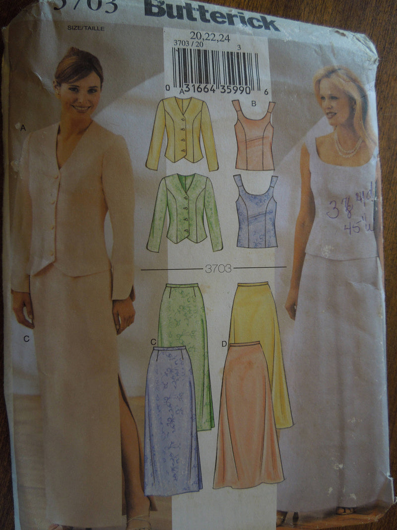 Butterick 3703, Misses, Jackets, Tops, Skirts, Evening Wear, Petite, UNCUT sewing pattern,