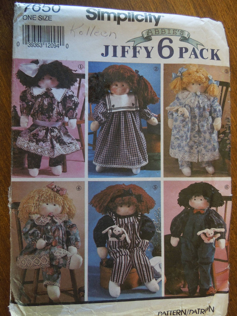 Simplicity 7650, Dolls, 22" tall  with clothes, UNCUT sewing pattern, crafts,