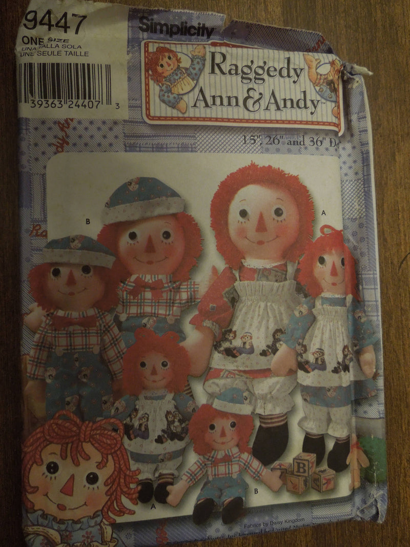 Simplicity 9447, Raggedy Ann and Andy, Stuffed Dolls, UNCUT sewing pattern,