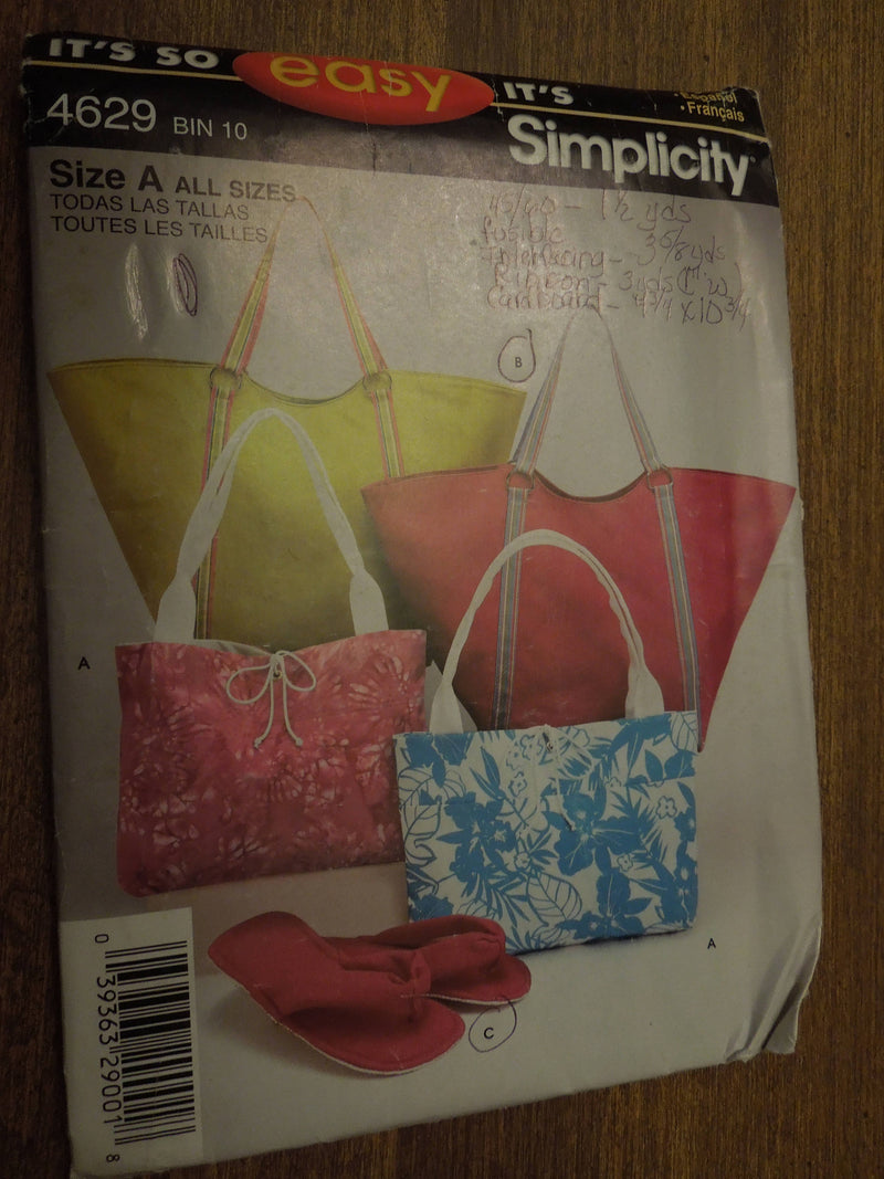 Simplicity 4629, bags and slippers in different sizes, UNCUT sewing pattern, misses
