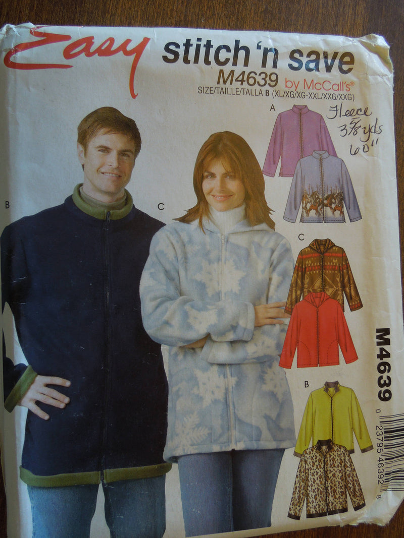 McCalls Stitch n Save M4639, sizes XL to XXL, jacket with hood, UNCUT sewing pattern, misses, mens