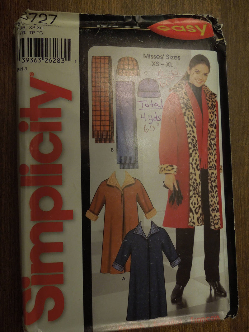 Simplicity 5727,  Misses, Lined Coats, Hats, Scarf, UNCUT sewing pattern,