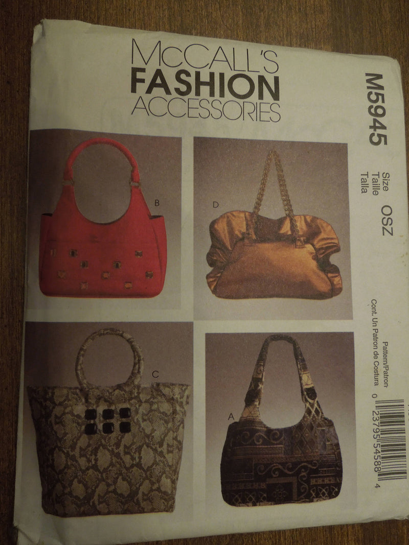 McCalls M5945, Four lined bags, handbags, purses, UNCUT sewing pattern,