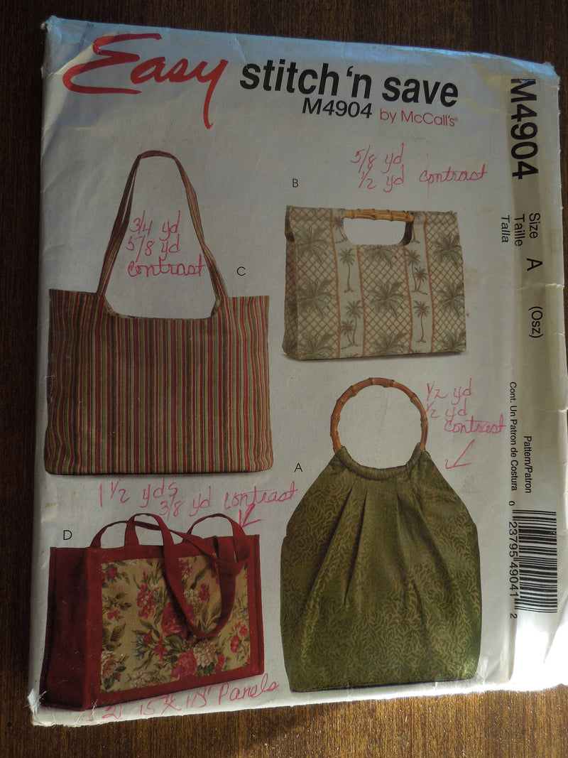 McCalls Stitch n save M4904, handbags and totes, UNCUT sewing pattern,