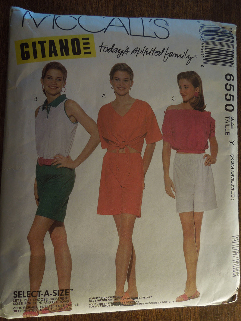 McCalls 6550, Misses,Tops, Shorts, Pullover, Knits, UNCUT sewing pattern,