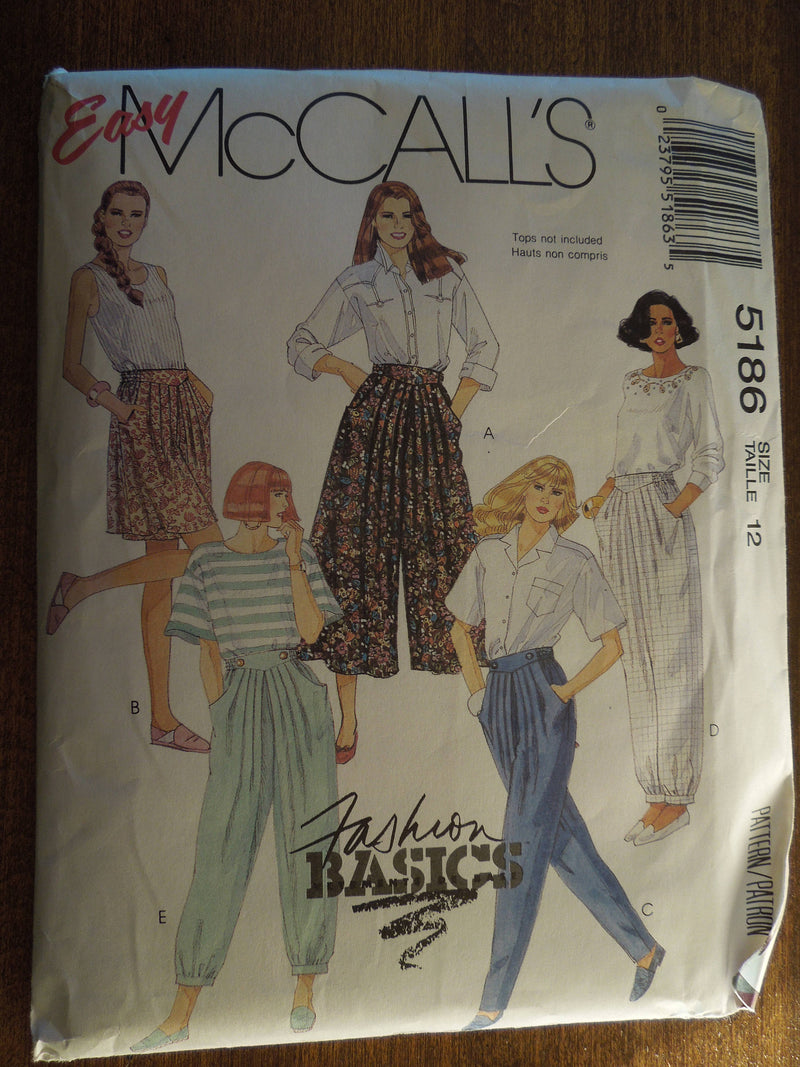 McCalls 5186, Misses, Skirts, Split Skirts, Pants, Size 12, UNCUT sewing pattern,