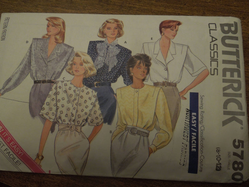Butterick 5780,  Misses, Blouses, Sizes 8-12, half-sizes included, UNCUT sewing pattern,