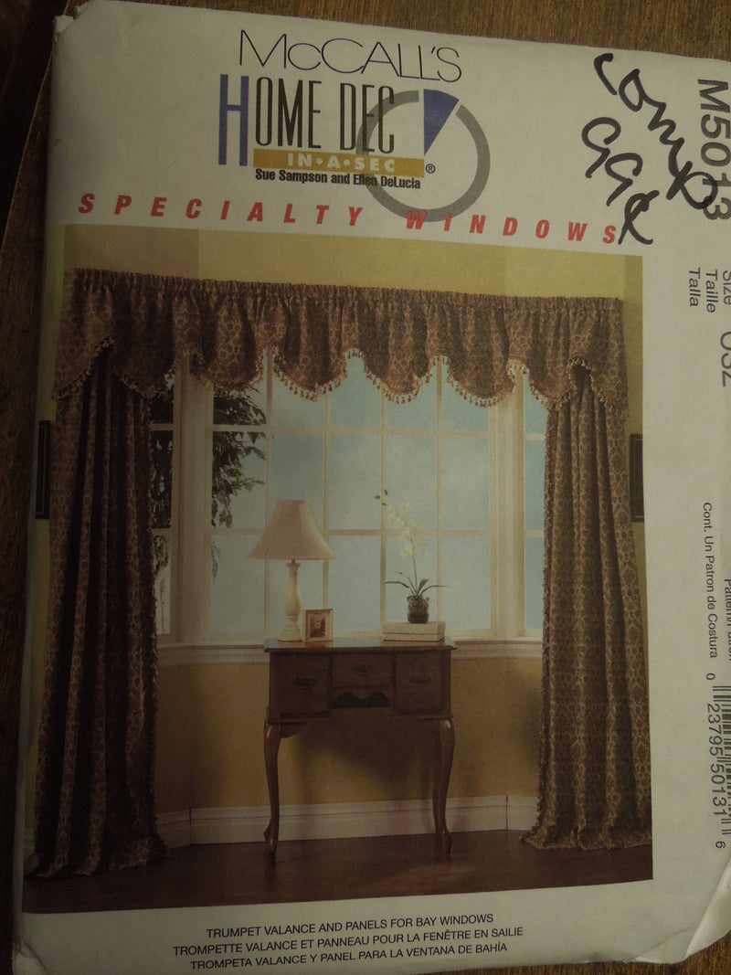 McCalls M5013, trumpet valance and panels for bay windows, UNCUT sewing pattern, windows