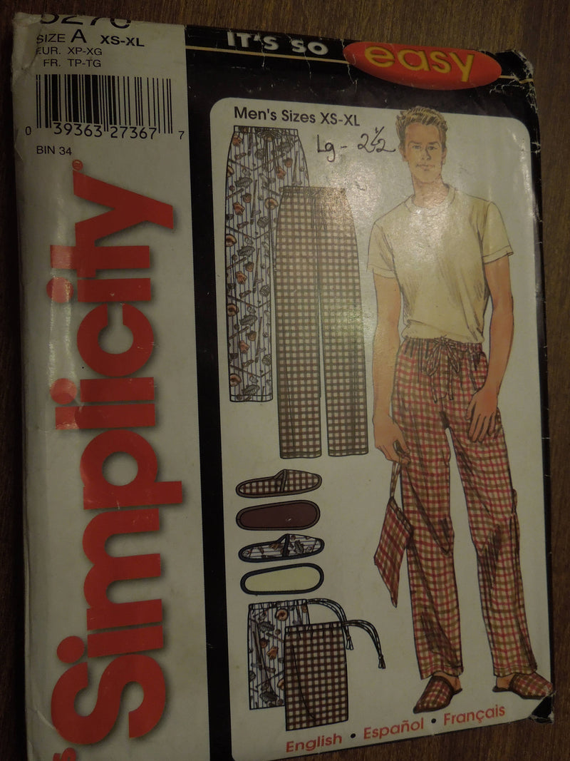 Simplicity  5270,  Mens, Sleepwear, Slippers, Bags, UNCUT sewing pattern,