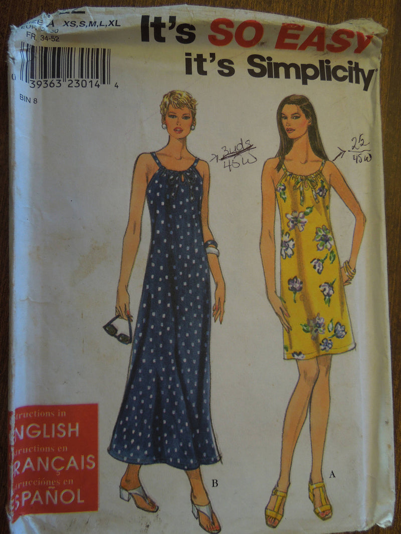 Simplicity 8722, sizes  XS-XL, Misses Dresses, Sleeveless, UNCUT sewing pattern,
