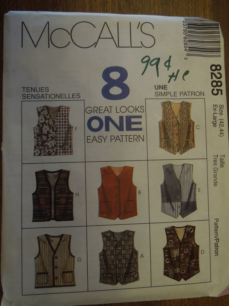 McCalls 8285,  Mens, Misses, Vests, Lined, Sizes vary, UNCUT sewing pattern,