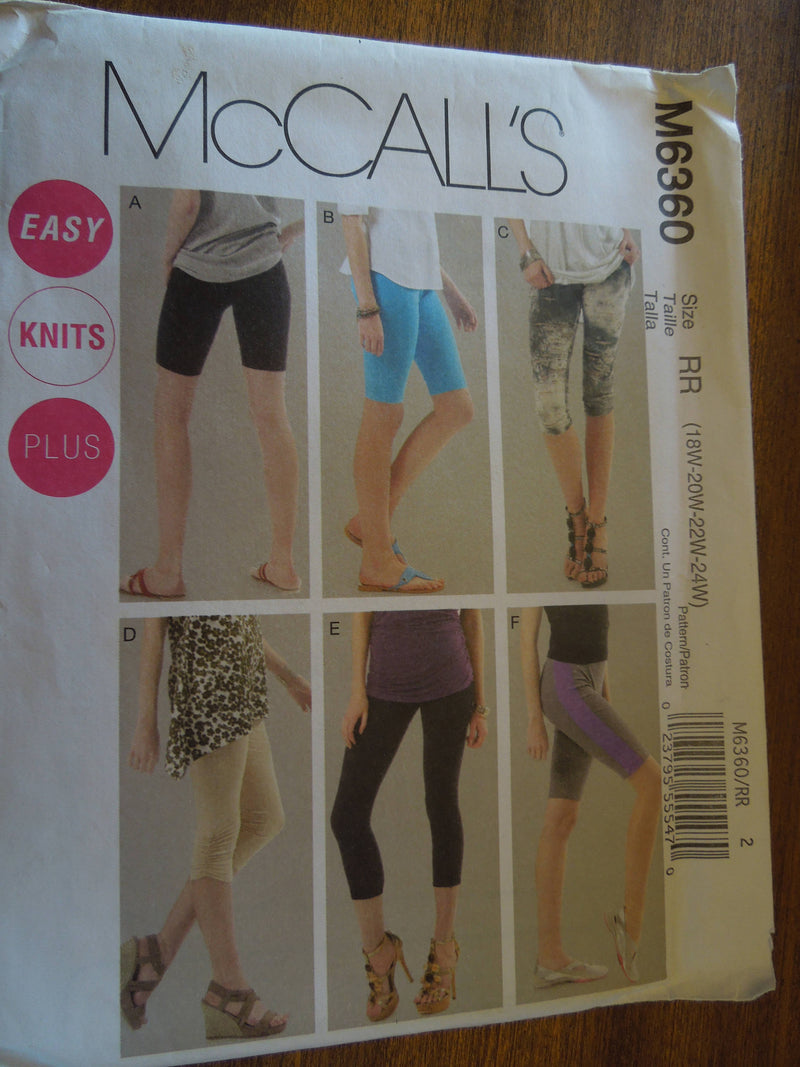 McCalls M6360, sizes 18W-24W, womens, leggings, UNCUT sewing pattern,