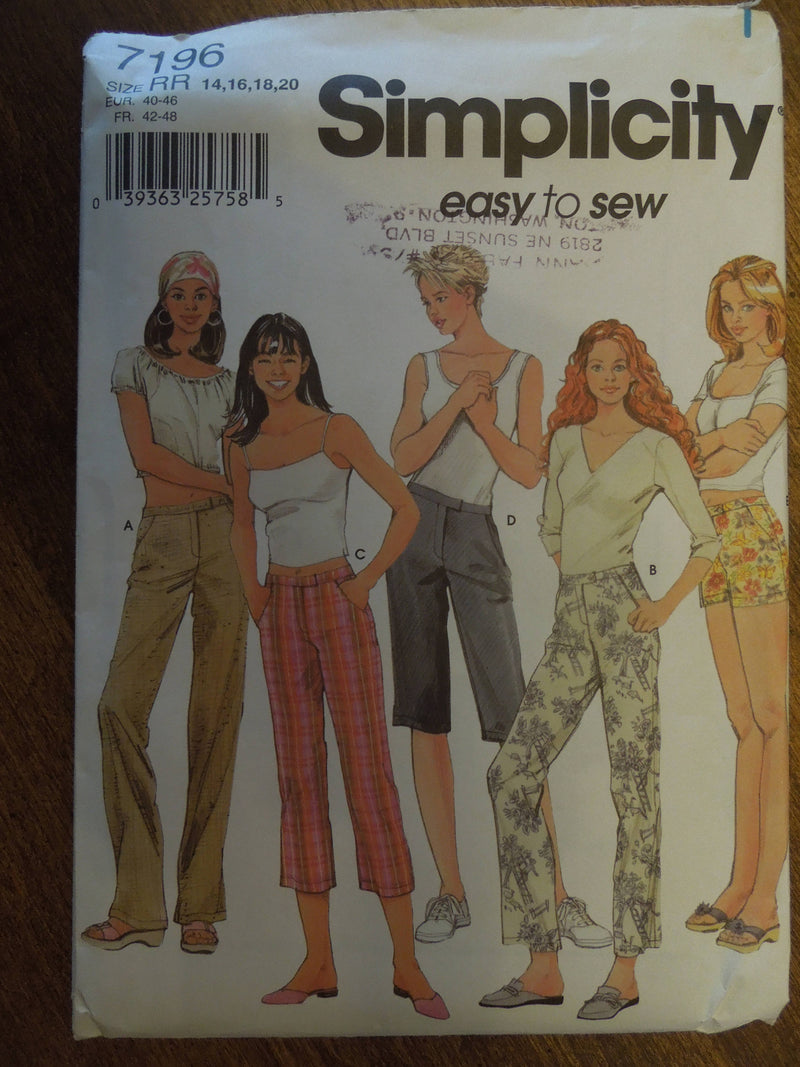 Simplicity 7196, Misses, Pants, Shorts, UNCUT sewing pattern,