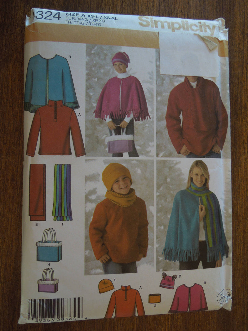 Simplicity 4324, Mens, Misses, Childrens, Hats, Capes, Bags, Tops,  UNCUT sewing pattern